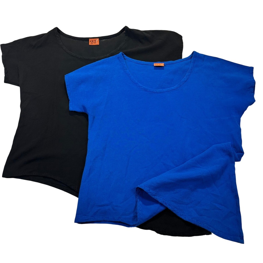 Oh My Gauze Asymmetrical Top Womens OS Blue Black Set of 2 Boho Lagenlook Cotton